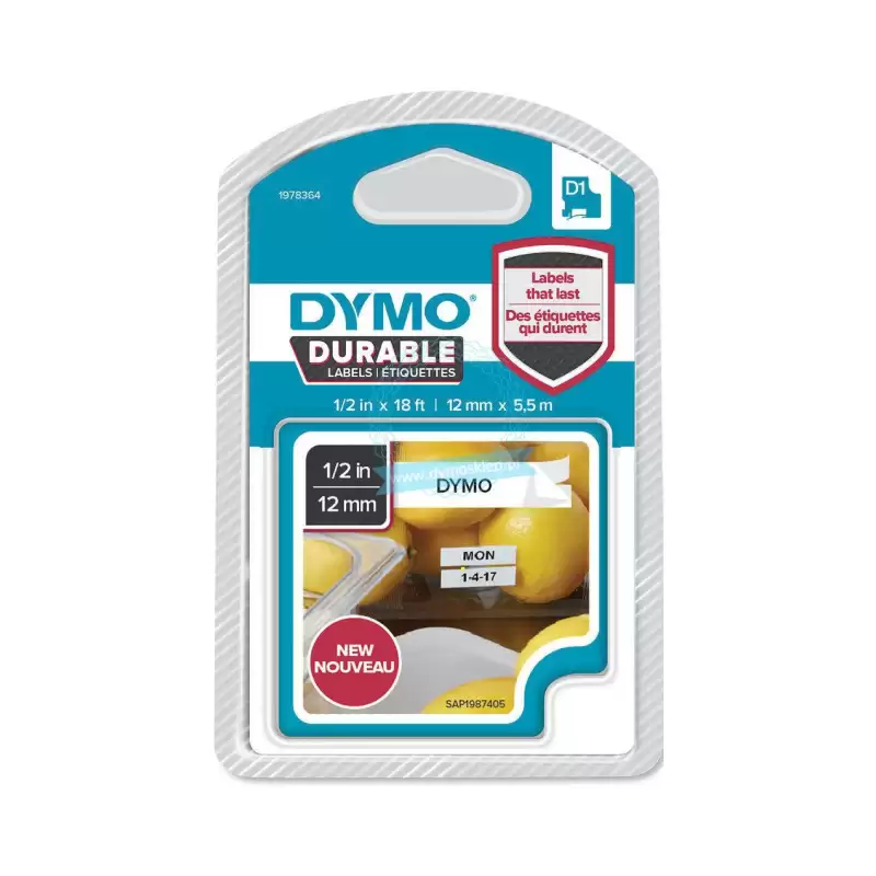 (1978364) DYMO CINTA DE TRANSFERENCIA TERMICA D1 DURABLE. ETIQUETA PERMANTE NEGRO SOBRE BLANCO DE 12MMX5