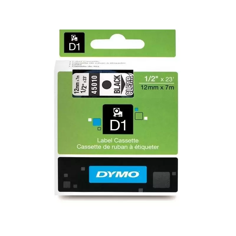 (S0720500) DYMO CINTA DE TRANSFERENCIA TERMICA D1 45010. ETIQUETAS ESTÁNDAR NEGRO SOBRE TRANSPARENTE DE 12MMX7M. POLIESTER AU...