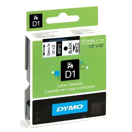 (S0720530) DYMO CINTA DE TRANSFERENCIA TERMICA D1 45013. ETIQUETAS ESTÁNDAR NEGRO SOBRE BLANCO DE 12MMX7M . POLIESTER AUTOADH...