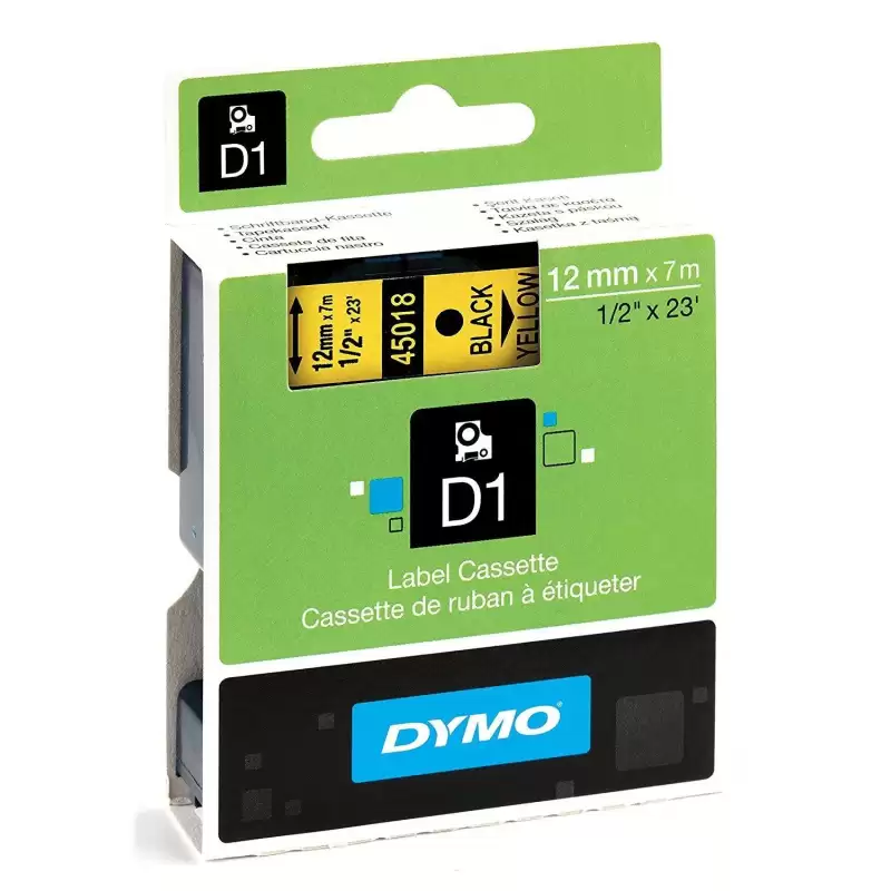 (S0720580) DYMO CINTA DE TRANSFERENCIA TERMICA D1 45018. ETIQUETAS ESTÁNDAR NEGRO SOBRE AMARILLO DE 12MMX7M.POLIESTER AUTOADH...