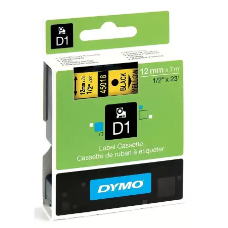 (S0720580) DYMO CINTA DE TRANSFERENCIA TERMICA D1 45018. ETIQUETAS ESTÁNDAR NEGRO SOBRE AMARILLO DE 12MMX7M.POLIESTER AUTOADH...