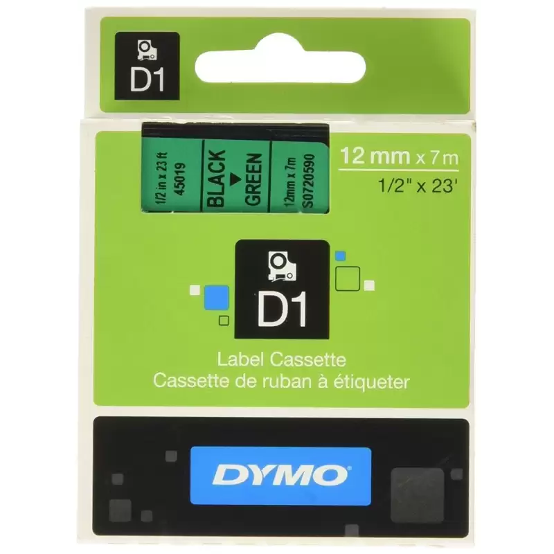 (S0720590) DYMO CINTA DE TRANSFERENCIA TERMICA D1 45019. ETIQUETAS ESTÁNDAR NEGRO SOBRE VERDE DE 12MMX7M.POLIESTER AUTOADHESI...