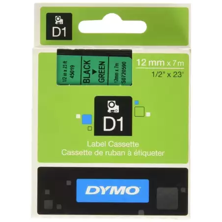 (S0720590) DYMO CINTA DE TRANSFERENCIA TERMICA D1 45019. ETIQUETAS ESTÁNDAR NEGRO SOBRE VERDE DE 12MMX7M.POLIESTER AUTOADHESI...