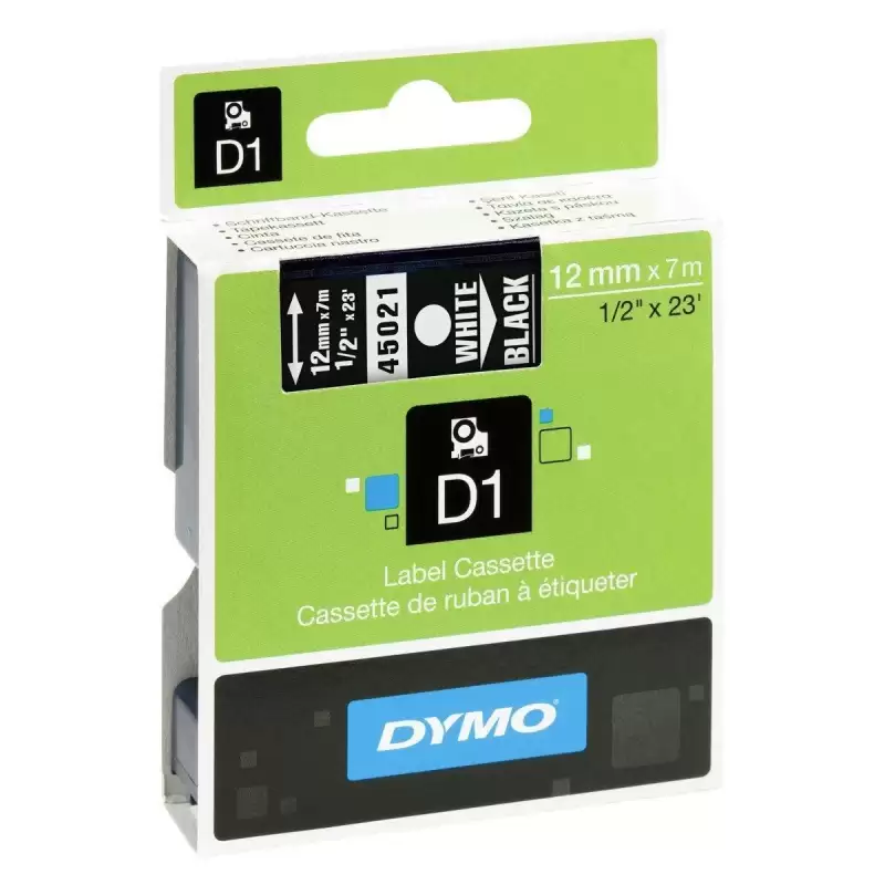 (S0720610) DYMO CINTA DE TRANSFERENCIA TERMICA D1 45021.ETIQUETAS ESTÁNDAR BLANCO SOBRE NEGRO DE 12MMX7M. POLIESTER AUTOADHES...