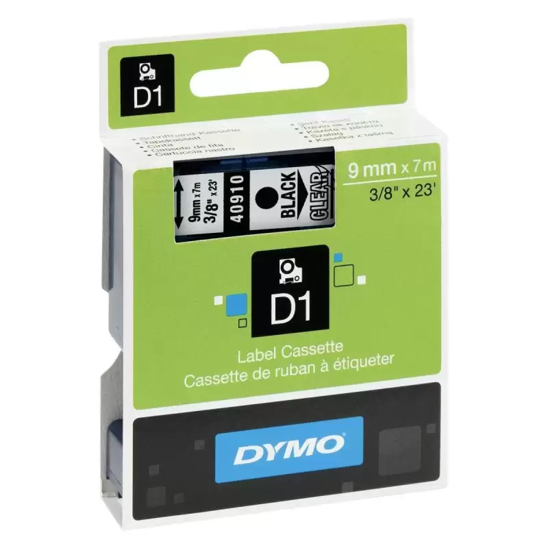(S0720670) DYMO CINTA DE TRANSFERENCIA TERMICA D1 40910. ETIQUETAS ESTÁNDAR NEGRO SOBRE TRANSPARENTE DE 9MMX7M. POLIESTER AUT...