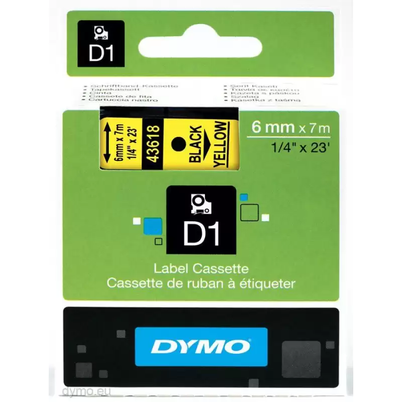 (S0720790) DYMO CINTA DE TRANSFERENCIA TERMICA D1 43618. NEGRO SOBRE AMARILLO DE 6MMX7M. POLIESTER AUTOADHESIVA