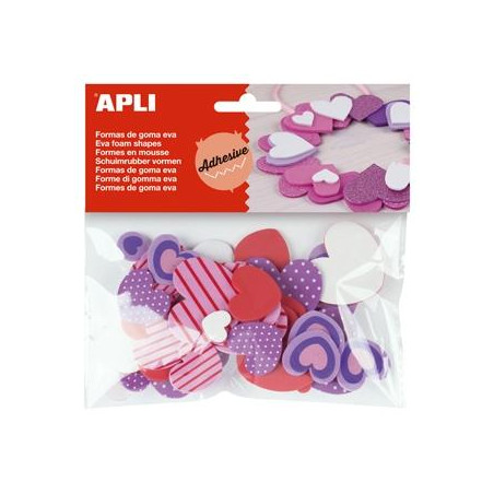 (15139) APLI FORMAS GOMA EVA ADHESIVAS CORAZONES ESTAMPADOS COLORES SURTIDOS -40U-