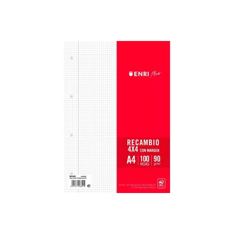 (400173748) ENRI RECAMBIO PLUS 100H A4 90GR 4X4 C/MARGEN 4 TALADROS