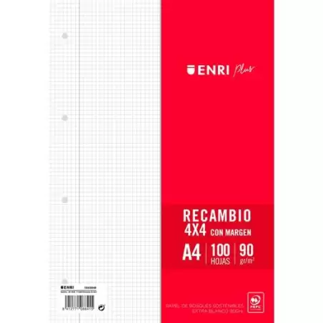 (400173748) ENRI RECAMBIO PLUS 100H A4 90GR 4X4 C/MARGEN 4 TALADROS