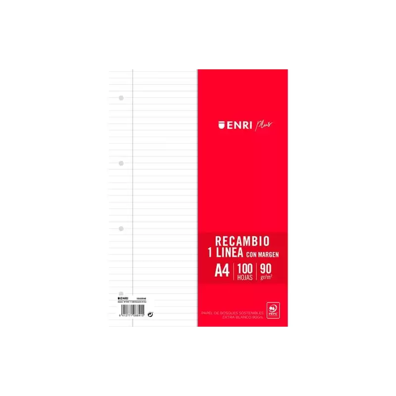 (400173749) ENRI RECAMBIO PLUS 100H A4 90GR 1 LÍNEA C/MARGEN 4 TALADROS BLANCO