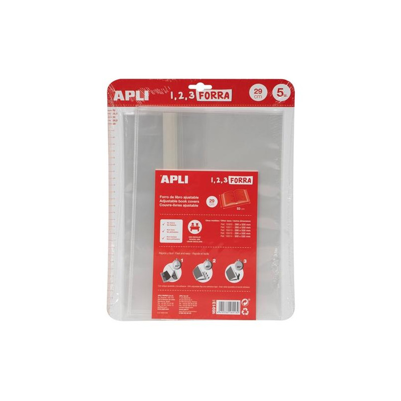 (16913) APLI FORRO DE LIBROS CON SOLAPA AJUSTABLE 290MM PP 75 MICRAS BLÍSTER 5 UD