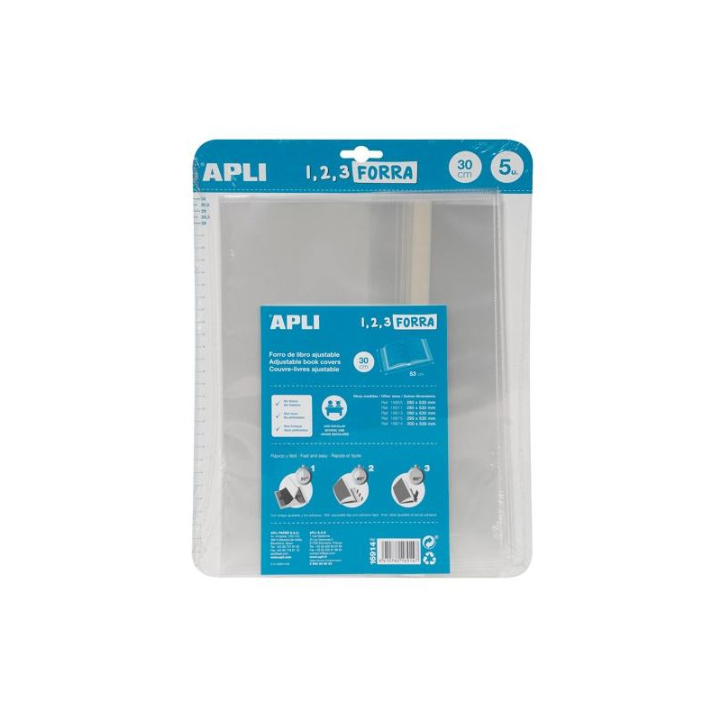 (16914) APLI FORRO DE LIBROS CON SOLAPA AJUSTABLE 300MM PP 75 MICRAS BLÍSTER 5 UD