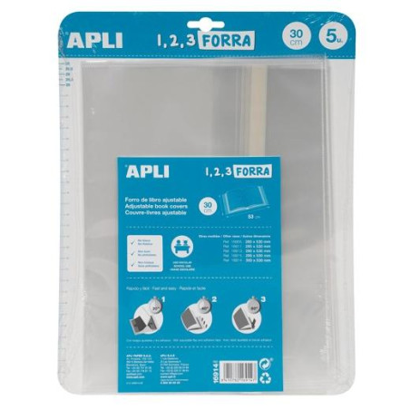 (16914) APLI FORRO DE LIBROS CON SOLAPA AJUSTABLE 300MM PP 75 MICRAS BLÍSTER 5 UD