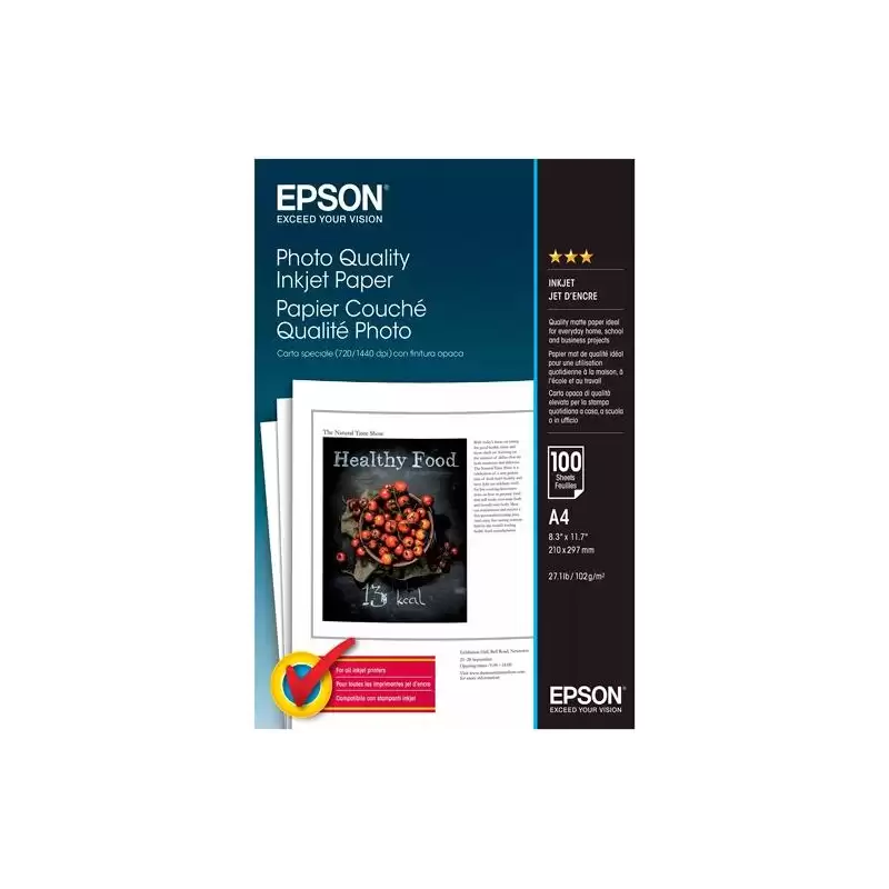 (C13S041061) EPSON PAPEL FOTOGRÁFICO PHOTO QUALITY A4 102GR INKJET PAQUETE 100H BLANCO