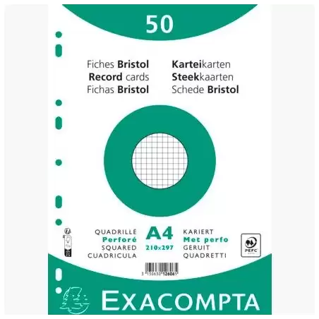 (12606E) EXACOMPTA FICHAS CARTULINA BRISTOL TALADRO A4 CUADRÍCULA 5X5 PACK DE 50 BLANCO