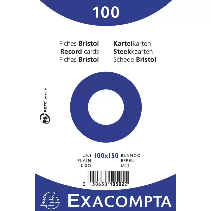 (10502E) EXACOMPTA PAQUETE 100 FICHAS CARTULINA BRISTOL RETRACTIL LISO SIN TALADRO 100X150MM BLANCO