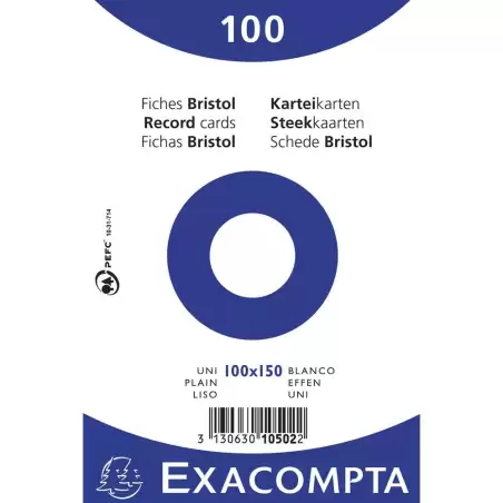 (10502E) EXACOMPTA PAQUETE 100 FICHAS CARTULINA BRISTOL RETRACTIL LISO SIN TALADRO 100X150MM BLANCO