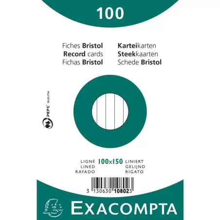 (10802X) EXACOMPTA PAQUETE 100 FICHAS CARTULINA BRISTOL RETRACTIL LINEA HORIZONTAL SIN TALADRO 100X150MM BLANCO