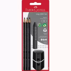 (217093) FABER CASTELL SET 2001 GRIP 3 LÁPICES DE GRAFITO + GOMA + SACAPUNTAS NEGRO EN BLISTER