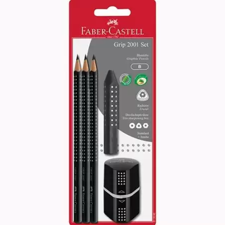 (217093) FABER CASTELL SET 2001 GRIP 3 LÁPICES DE GRAFITO + GOMA + SACAPUNTAS NEGRO EN BLISTER