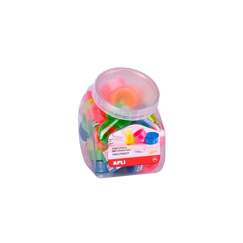 (18146) APLI CINTA ADHESIVA TRANSPARENTE ROLLO 19MM X 20M EXPOSITOR 50 UD C/SURTIDOS FLUORESCENTES