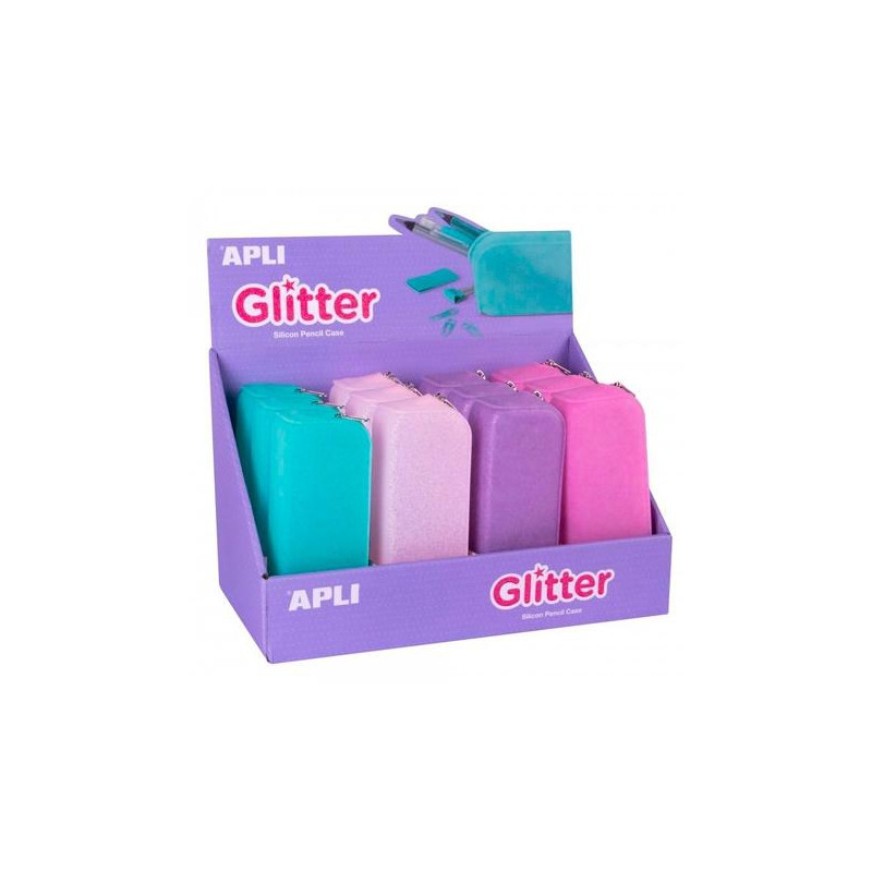 (18216) APLI ESTUCHE PORTATODO DE SILICONA SOFT GLITTER COLORES SURTIDOS -EXPOSITOR 12U-