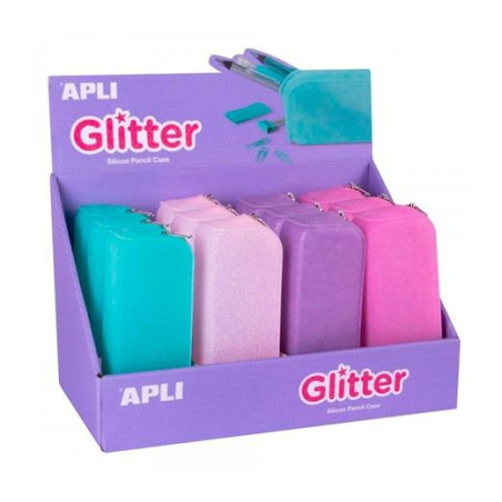 (18216) APLI ESTUCHE PORTATODO DE SILICONA SOFT GLITTER COLORES SURTIDOS -EXPOSITOR 12U-