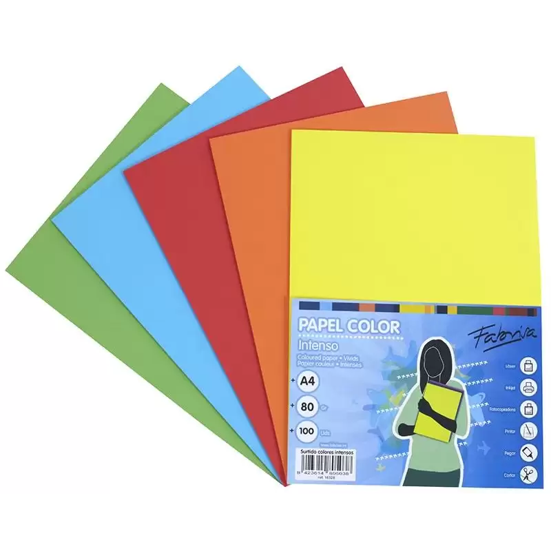 (16328) FABRISA PAPEL DIN A4 80GR INKJET/LÁSER PAQUETE 100H RETRACTILADO 5 COLORES FUERTES