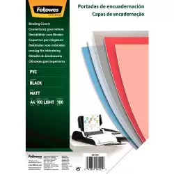 (5100301) FELLOWES TAPAS ENCUADERNACIÓN A4 180 MICRAS PVC OPACO NEGRO PACK 100 UD