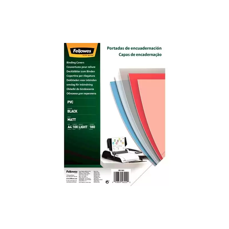 (5100301) FELLOWES TAPAS ENCUADERNACIÓN A4 180 MICRAS PVC OPACO NEGRO PACK 100 UD