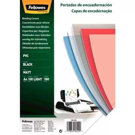 (5100301) FELLOWES TAPAS ENCUADERNACIÓN A4 180 MICRAS PVC OPACO NEGRO PACK 100 UD