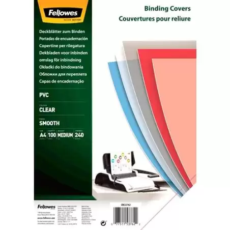 (53762) FELLOWES TAPAS ENCUADERNACIÓN A4 PVC 240 MICRAS TRANSPARENTE PACK 100 UD
