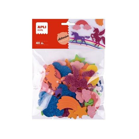 (19371) APLI FORMAS DE GOMA EVA ADHESIVA DISEÑO UNICORNIOS BOLSA DE 40 C/SURTIDOS +4 AÑOS