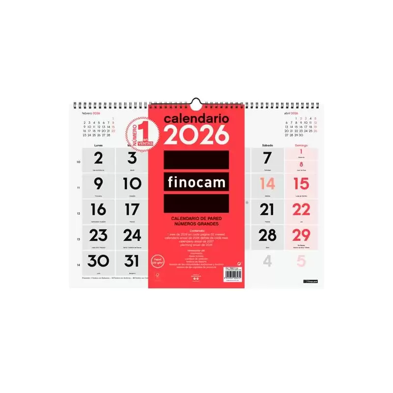(780010026) FINOCAM CALENDARIO DE PARED NÚMEROS GRANDES L-430X310MM MV NEUTRO 2026