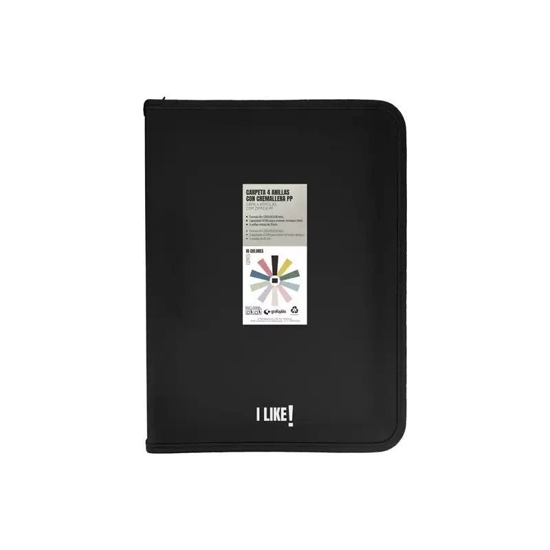 (04802910) GRAFOPLÁS CARPETA ANILLAS MIXTAS 4X25MM CON CREMALLERA I LIKE A4+ PP RÍGIDO OPACO NEGRO