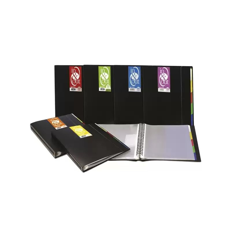 (39409010) GRAFOPLÁS CARPETA 100 FUNDAS ESPIRAL A4 EXTRAÍBLES CALIDAD EXTRA 5 SEPARADORES PP RÍGIDO OPACO IN & OUT NEGRO