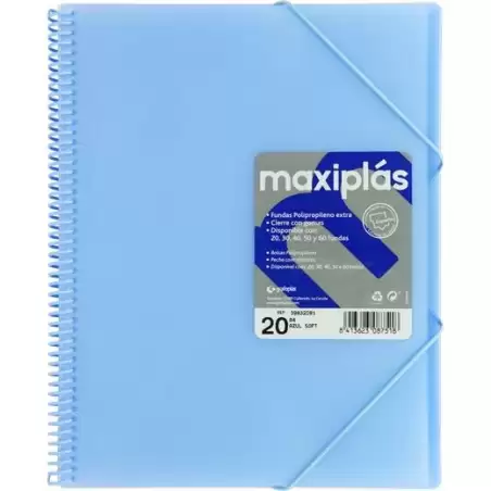 (39832091) GRAFOPLÁS CARPETA CON FUNDAS MAXIPLÁS ESPIRAL A4 20 FUNDAS C/SOBRE PP RÍGIDO TRANSLÚCIDO AZUL SOFT