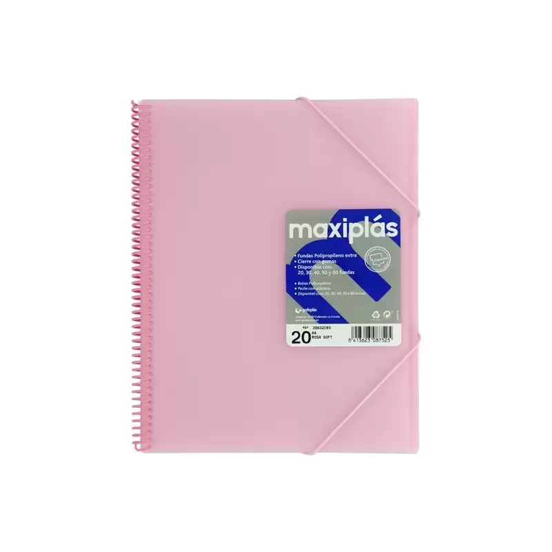 (39832093) GRAFOPLÁS CARPETA CON FUNDAS MAXIPLÁS ESPIRAL A4 20 FUNDAS C/SOBRE PP RÍGIDO TRANSLÚCIDO ROSA SOFT