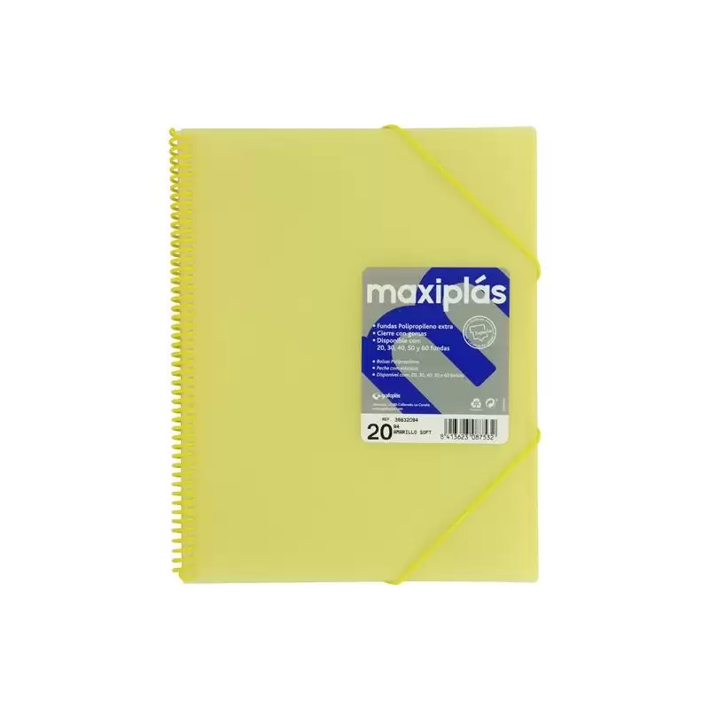 (39832094) GRAFOPLÁS CARPETA CON FUNDAS MAXIPLÁS ESPIRAL A4 20 FUNDAS C/SOBRE PP RÍGIDO TRANSLÚCIDO AMARILLO SOFT