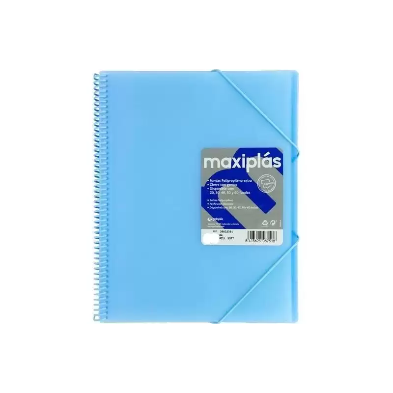 (39834091) GRAFOPLÁS CARPETA CON FUNDAS MAXIPLÁS ESPIRAL A4 40 FUNDAS C/SOBRE PP RÍGIDO TRANSLÚCIDO AZUL SOFT
