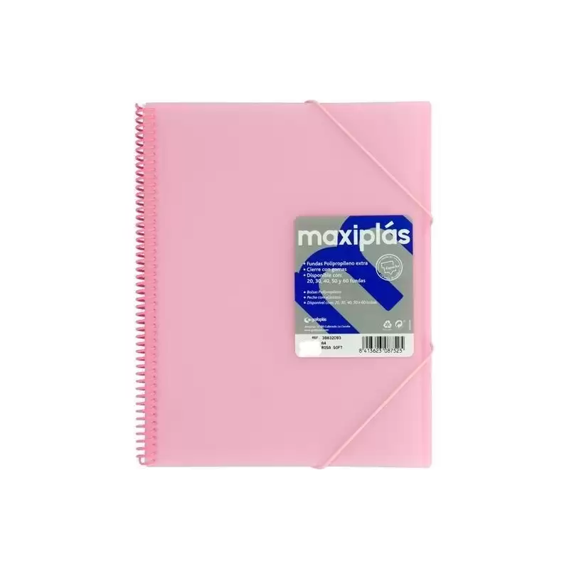 (39834093) GRAFOPLÁS CARPETA CON FUNDAS MAXIPLÁS ESPIRAL A4 40 FUNDAS C/SOBRE PP RÍGIDO TRANSLÚCIDO ROSA SOFT