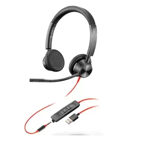 (213938-01/8X222AA) HP POLY AURICULARES BLACKWIRE 3325 DIADEMA BINAURAL C/ MICRÓFONO CONTROL DE VOLUMEN CABLE USB+JACK 3