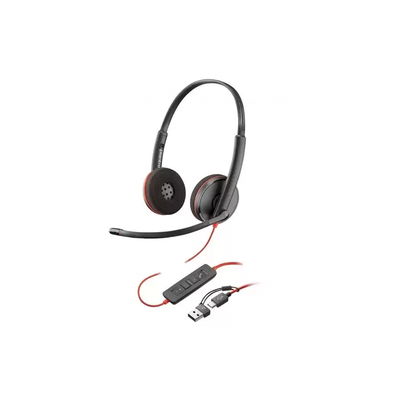 (8X228AA) HP POLY AURICULARES BLACKWIRE C3220 DIADEMA BIAURAL ESTÉREO MICRÓFONO CONTROL DE VOLUMEN CON ADAPTADOR USB-A/USB-C ...