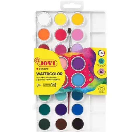 (800/24) JOVI ACUARELAS EN PASTILLAS 22MM CON PINCEL COLORES SURTIDOS ESTUCHE 24 UD