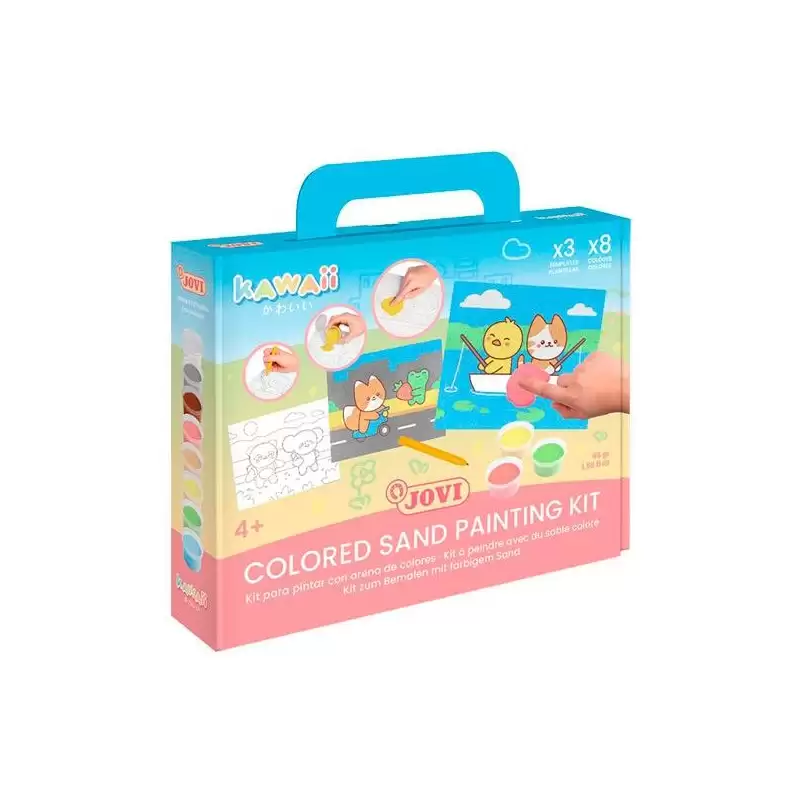 (KW2101) JOVI KIT KAWAII PINTA CON ARENA DE COLORES CON 8 BOTES 45GR SURTIDOS + 3 LÁMINAS + PUNZÓN