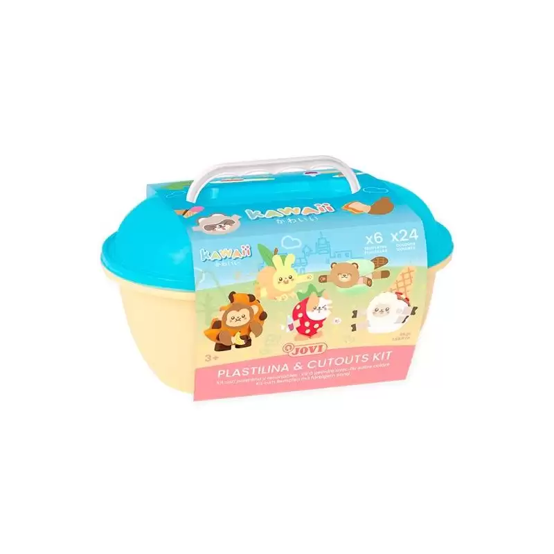 (KW2203) JOVI COFRE KAWAII 24 PASTILLAS PLASTILINA 15GR + TROQUELADO0S + 3 ESPÁTULAS DE COLORES