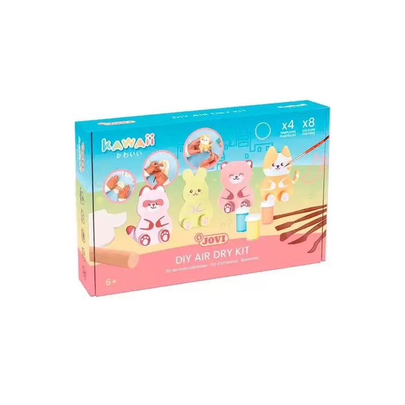 (KW2702) JOVI KIT KAWAII CON PASTA ENDURECIBLE AIR DRY 500GR + 4 PLANTILLAS + PINTURAS + COMPLEMENTOS