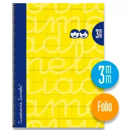 (7FTE03AM) LAMELA CUADERNO ESPIRAL 80H FOLIO 90GR CUADROVÍA 3MM C/MARGEN CUBIERTA EXTRADURA AMARILLO -PAQUETE 5U-