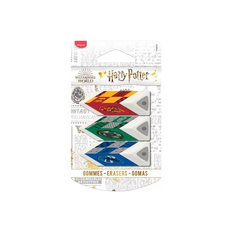 (119514) MAPED GOMA HARRY POTTER 3 CASAS DE HOWARTS TRIANGULAR EN BLISTER DE 3