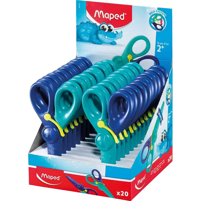 (472112) MAPED TIJERAS INFANTILES KIDIPULSE 12CM C/RESORTE DE APERTURA Y PROTECCIÓN +2 AÑOS AZUL BICOLOR